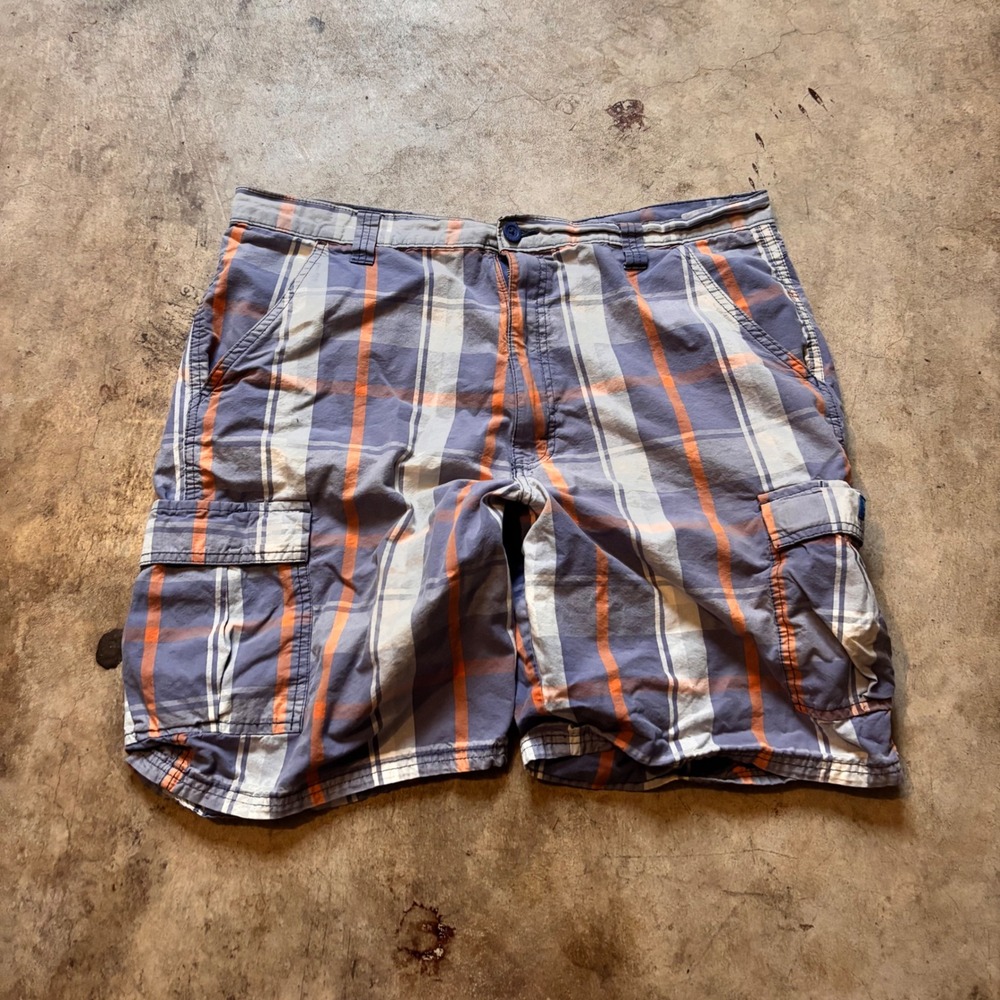 Wrangler Authentic Issue Plaid Cargo Shorts Baggy Skater Blue Orange Mens 38